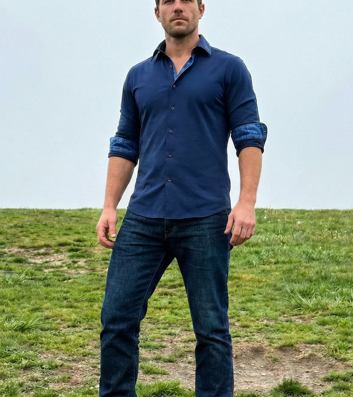 Paul // Cotton Knit-Stretch Button-Up Shirt With Contrast Details // Navy // Tailored Fit (Fitted)