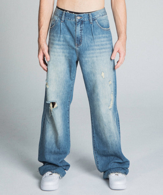 CLASSIC BLUE LIGHTLY DISTRESSED BAGGY JEANS