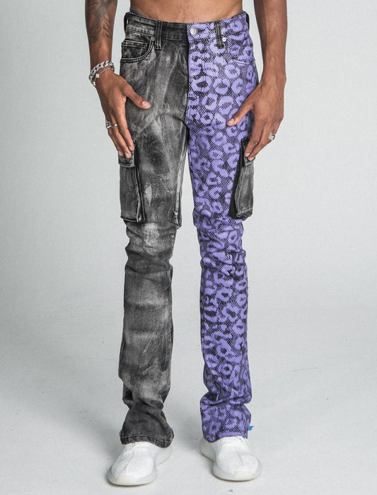 PURPLE CHEETAH STACKED CARGO PANTS