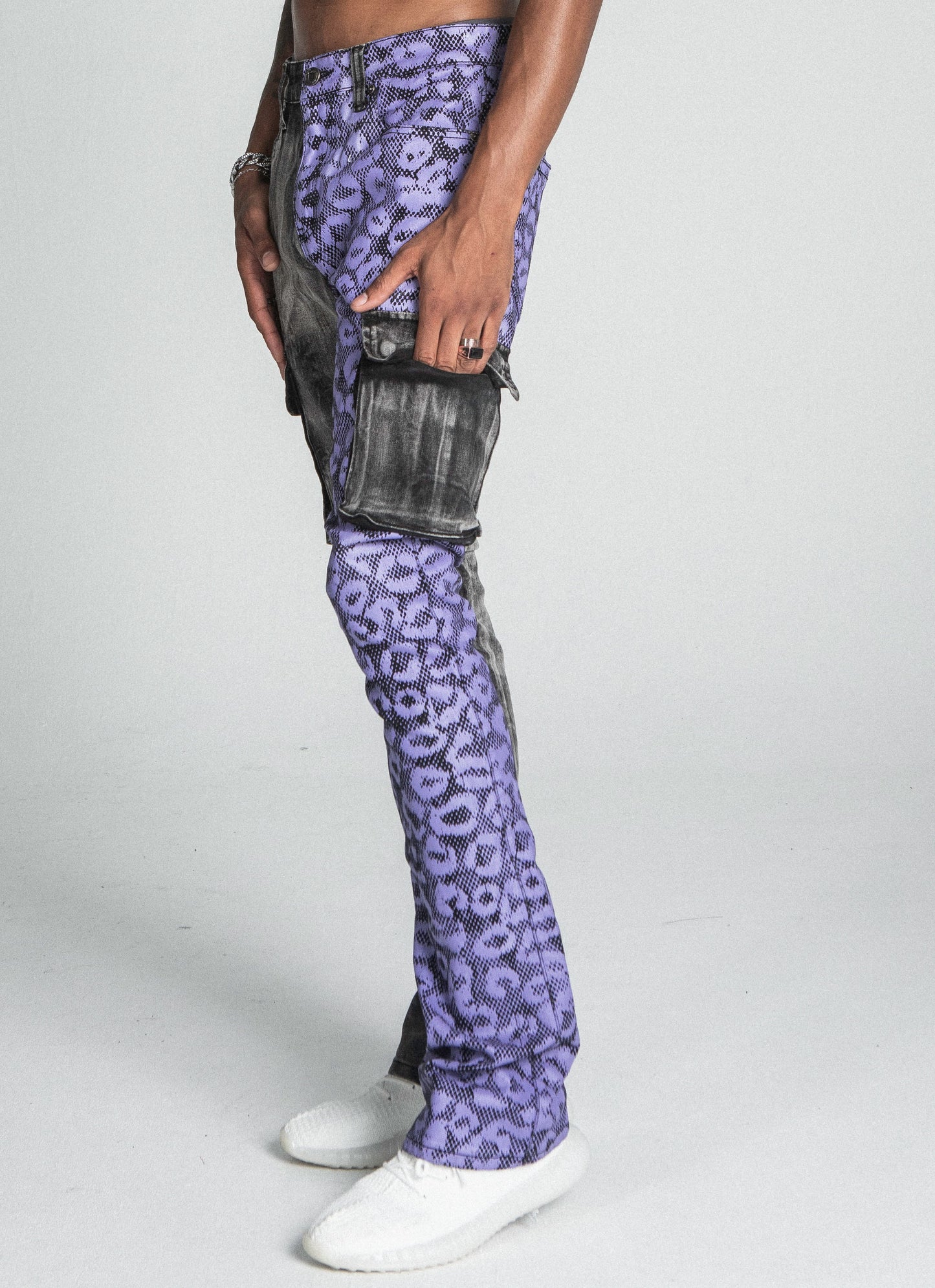 PURPLE CHEETAH STACKED CARGO PANTS
