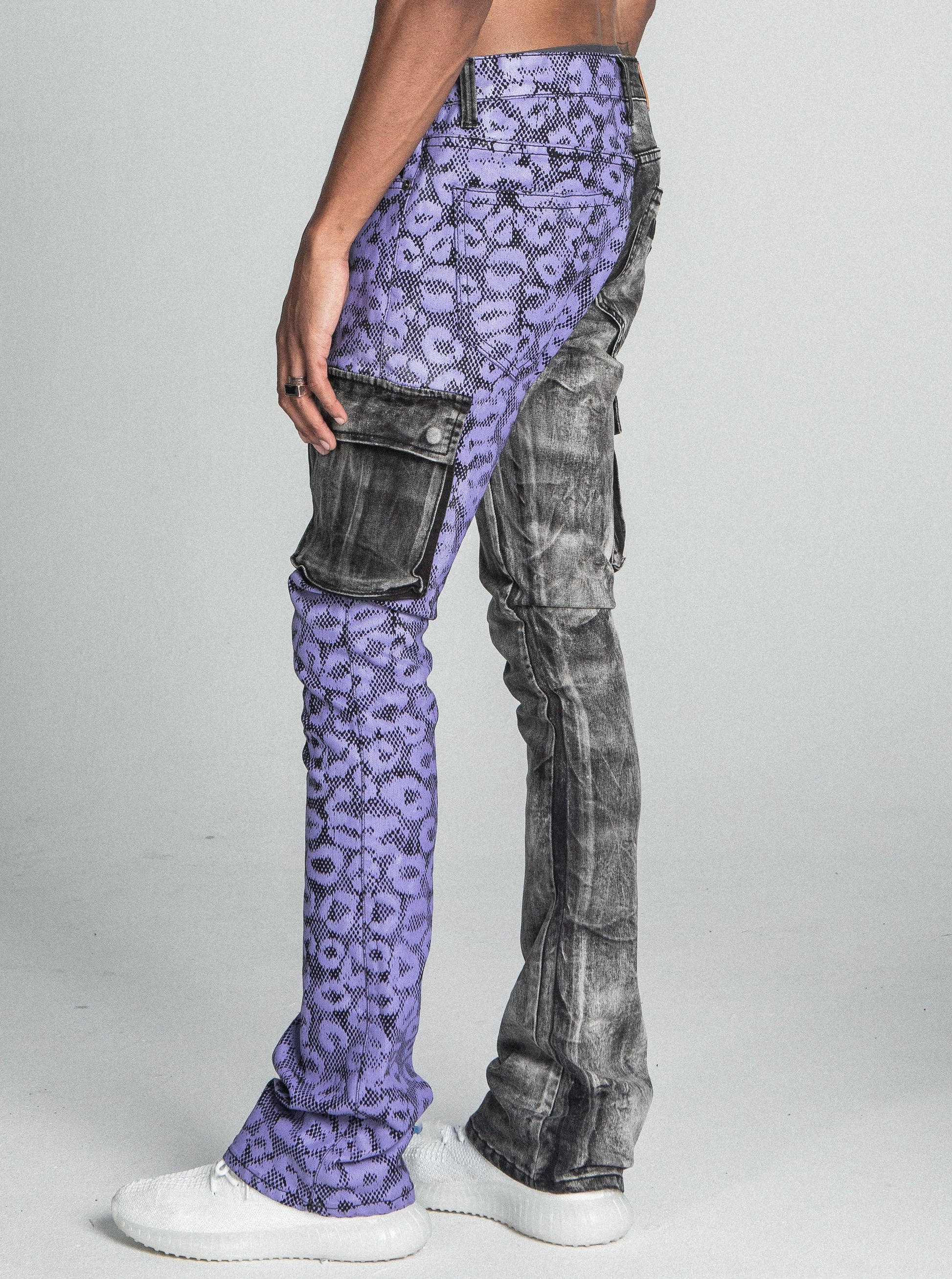 PURPLE CHEETAH STACKED CARGO PANTS