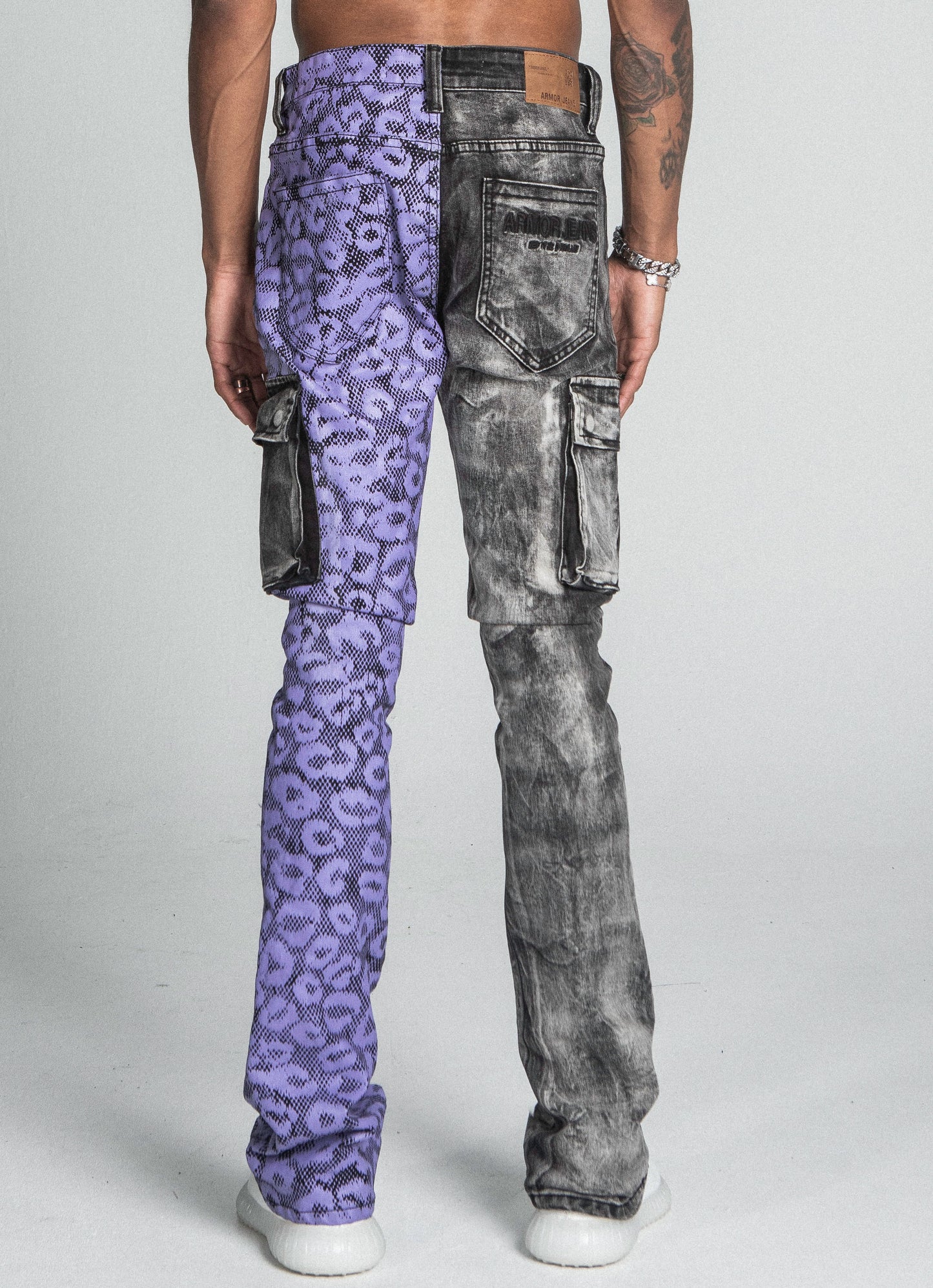 PURPLE CHEETAH STACKED CARGO PANTS