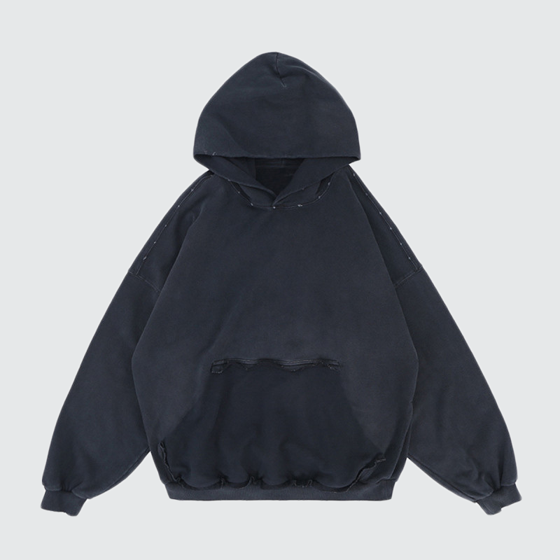 Oversized Heavyweight Distressed Hoodie W Reversed Pocket - Premium Streetwear Sweatshirt