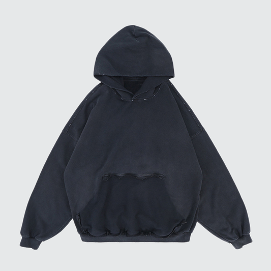 Oversized Heavyweight Distressed Hoodie W Reversed Pocket - Premium Streetwear Sweatshirt
