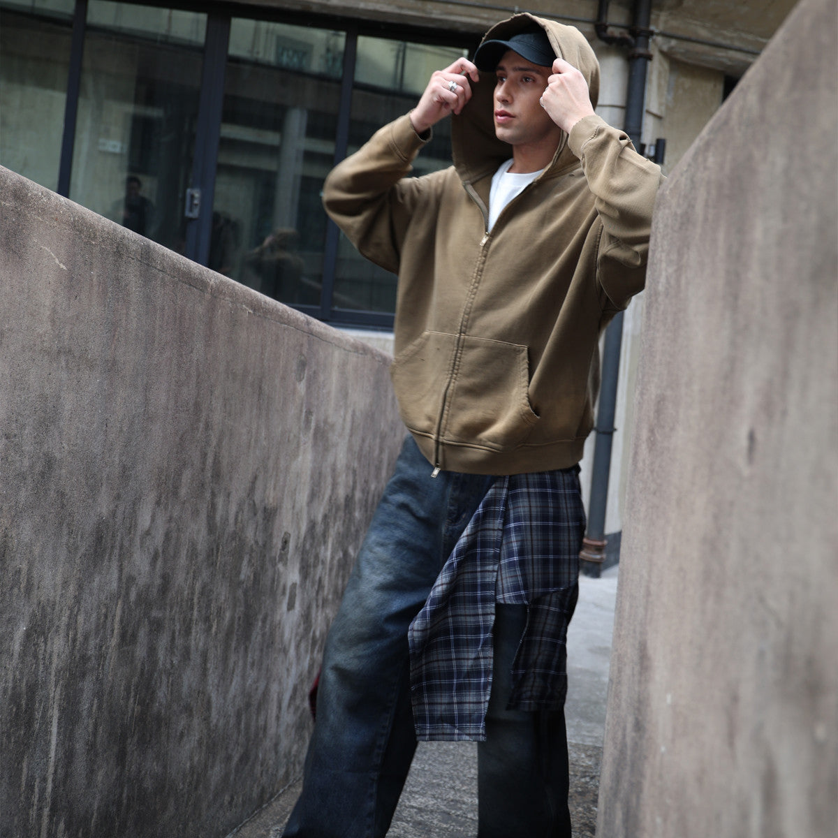 Heavyweight Distressed Dystopian Streetwear Zip-Up Hoodie