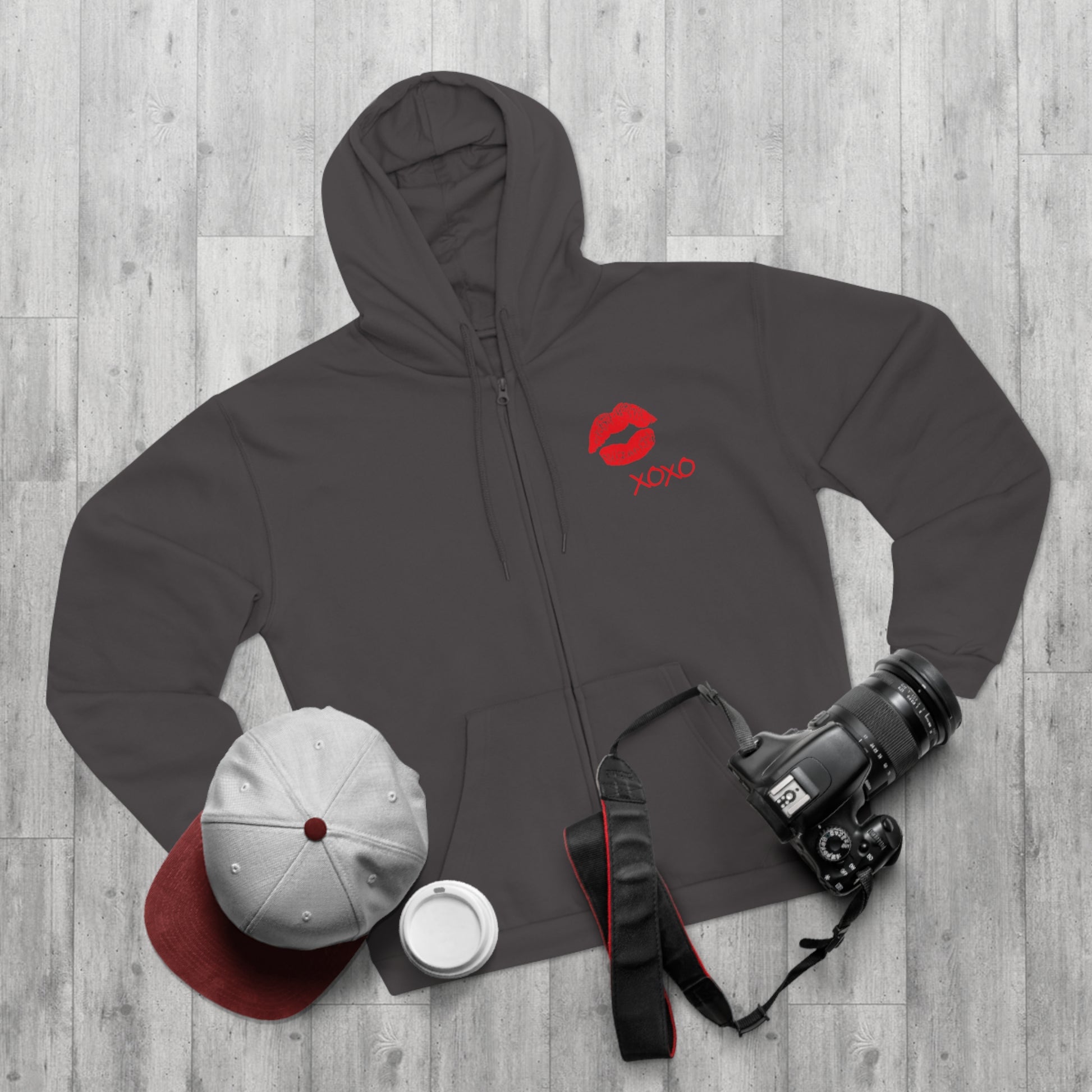 Lipstick Kiss Zip Hoodie — Red Lips XOXO Graphic Zip-Up Hoodie