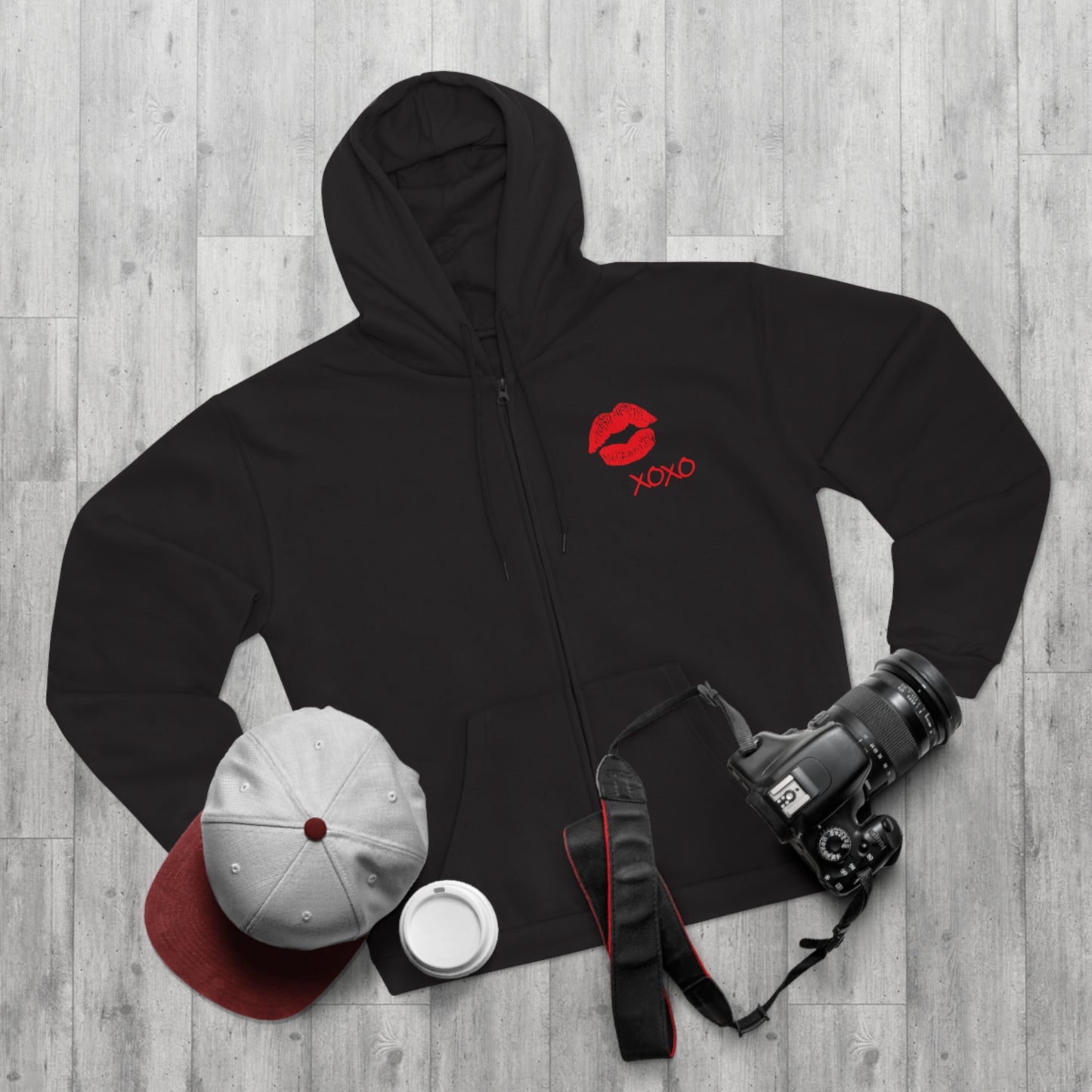 Lipstick Kiss Zip Hoodie — Red Lips XOXO Graphic Zip-Up Hoodie