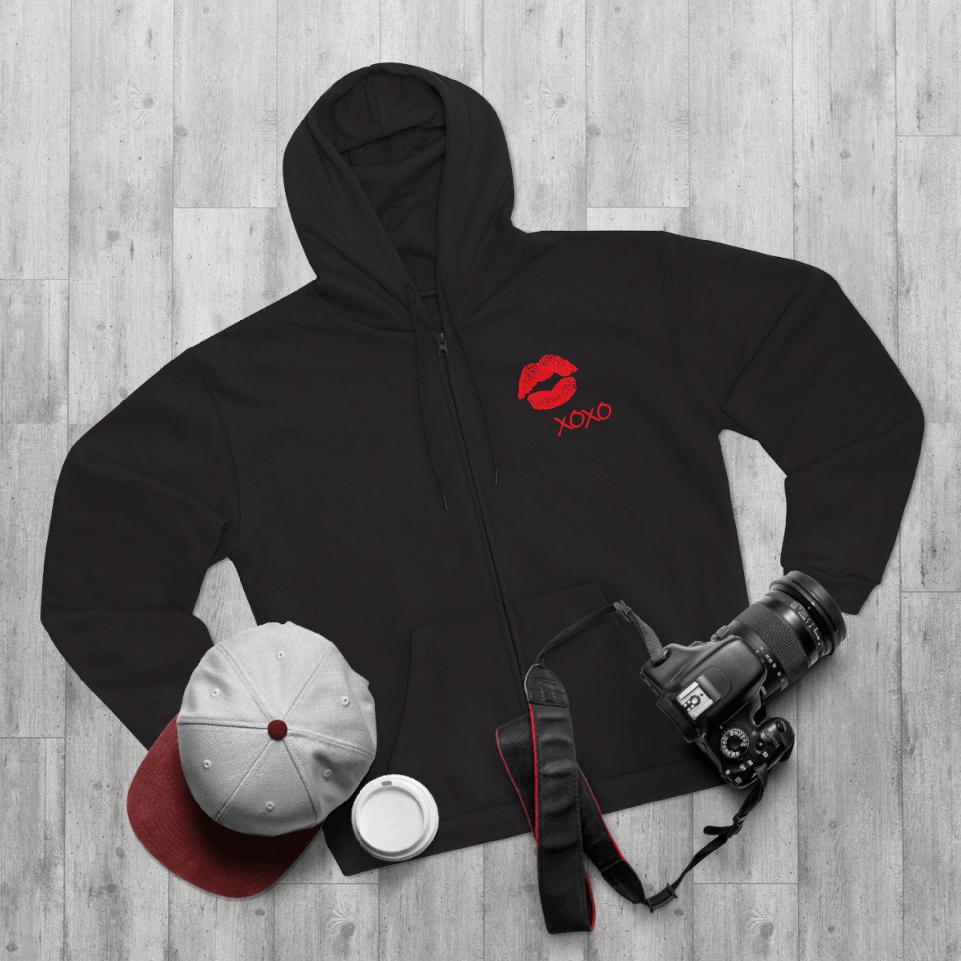 Lipstick Kiss Zip Hoodie — Red Lips XOXO Graphic Zip-Up Hoodie