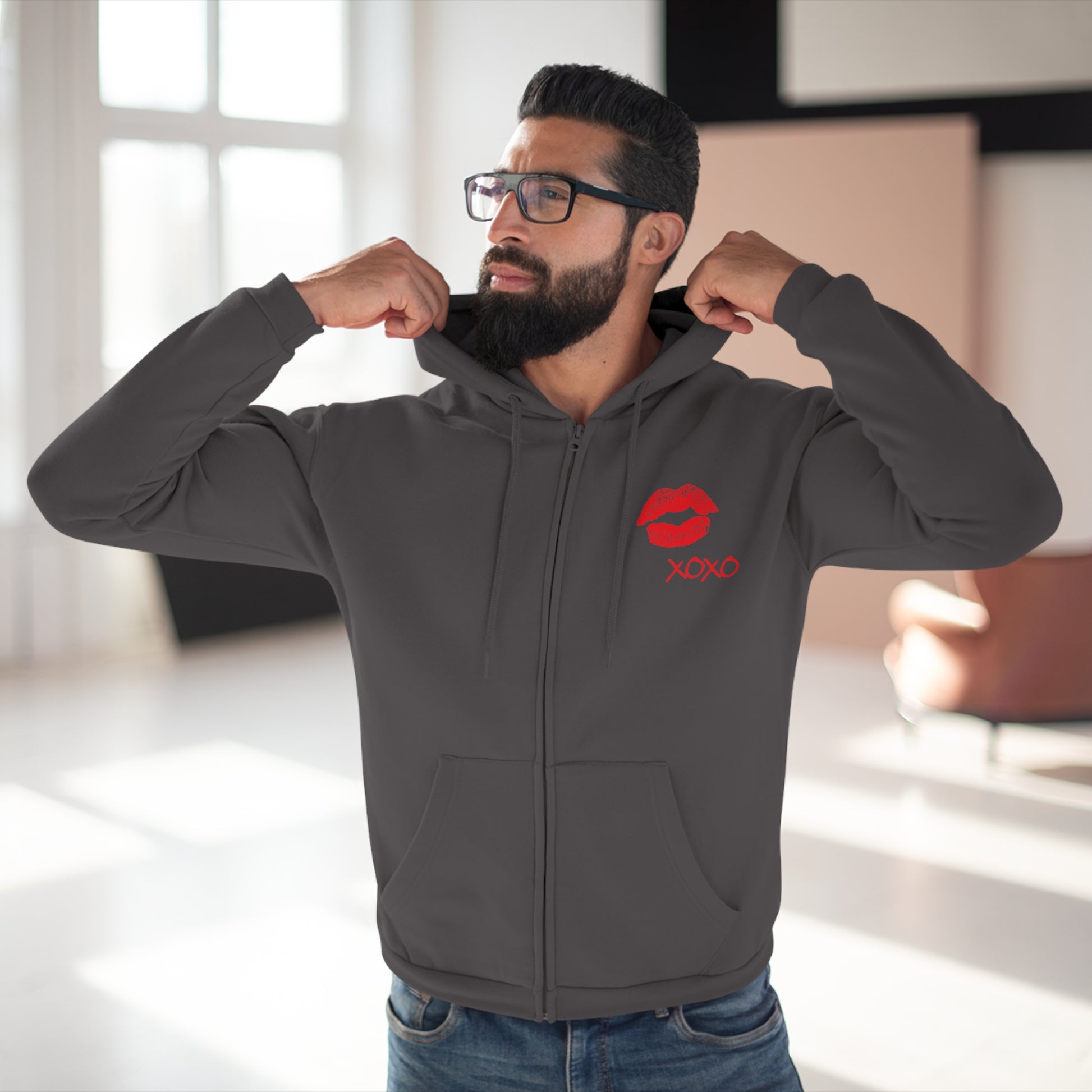 Lipstick Kiss Zip Hoodie — Red Lips XOXO Graphic Zip-Up Hoodie