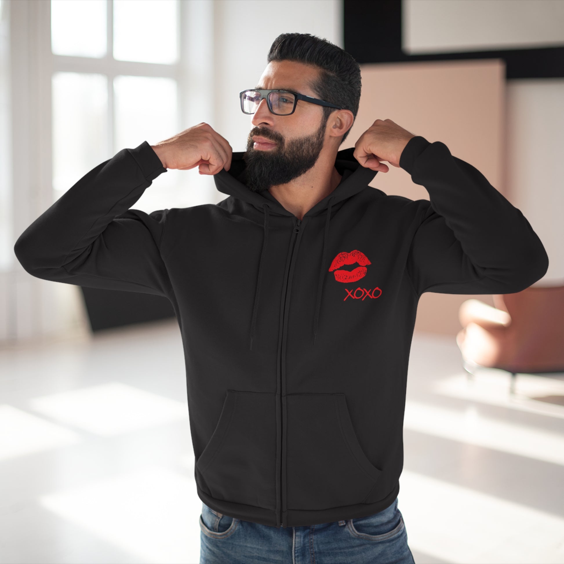 Lipstick Kiss Zip Hoodie — Red Lips XOXO Graphic Zip-Up Hoodie