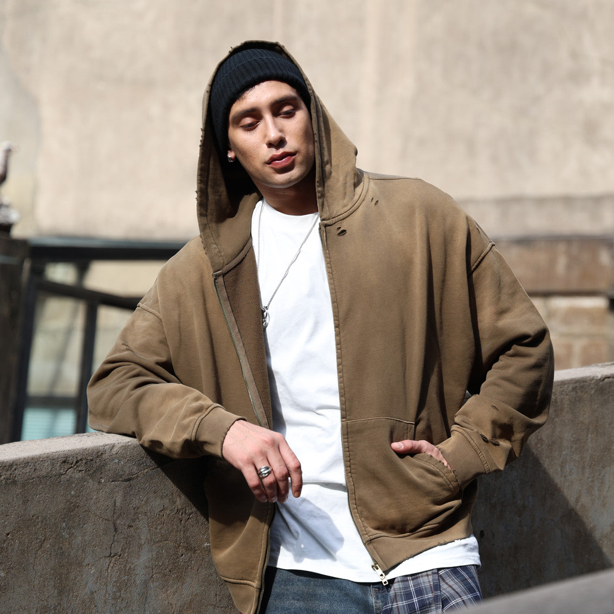 Heavyweight Distressed Dystopian Streetwear Zip-Up Hoodie