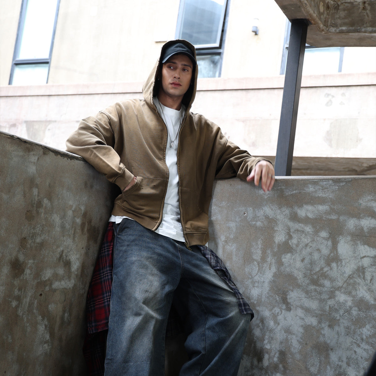 Heavyweight Distressed Dystopian Streetwear Zip-Up Hoodie