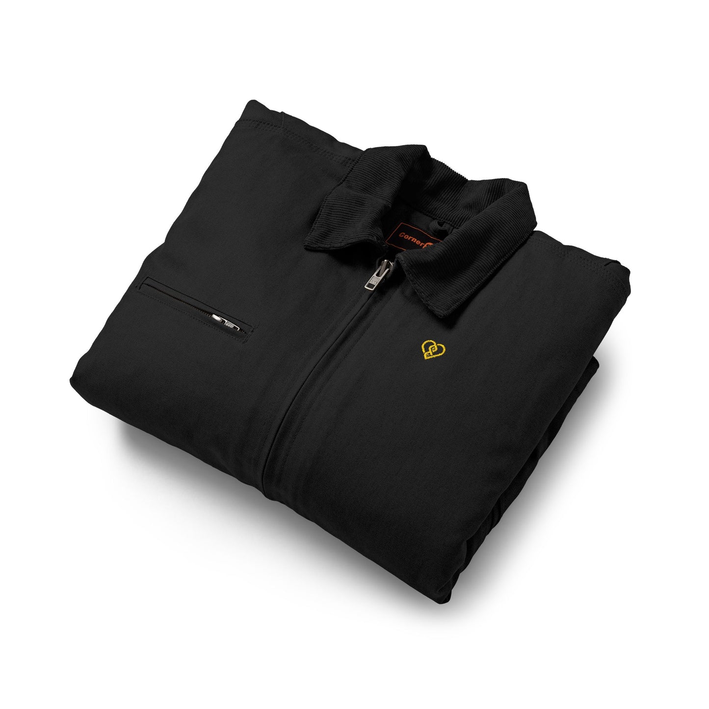 Embroidered Duck Cloth Work Jacket — Durable Black Workwear Jacket with Heart