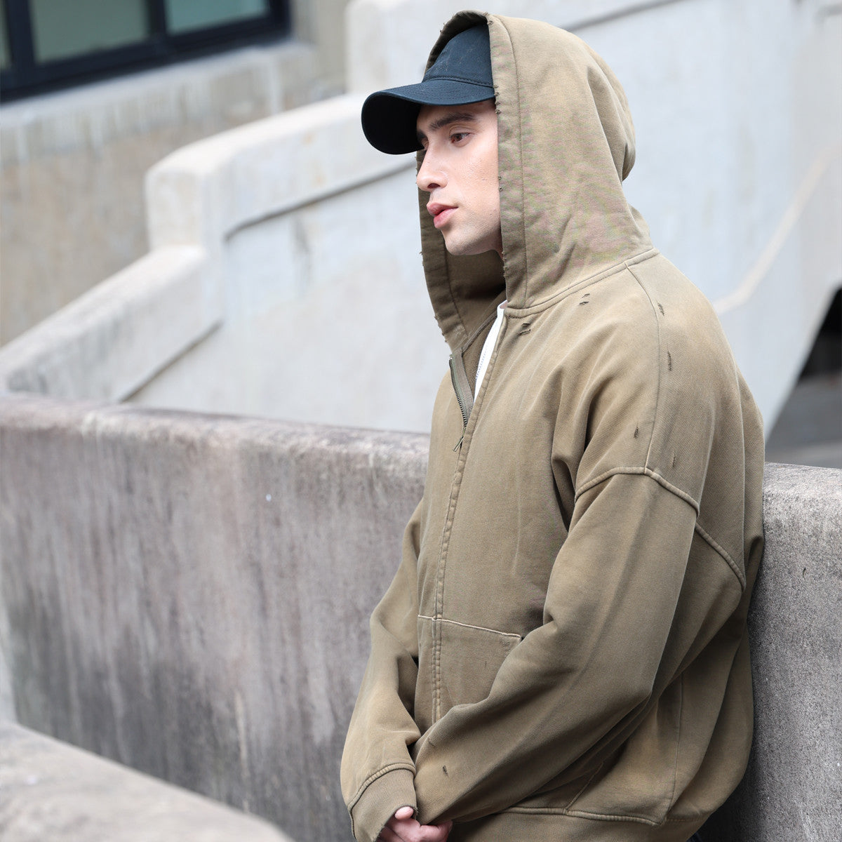 Heavyweight Distressed Dystopian Streetwear Zip-Up Hoodie