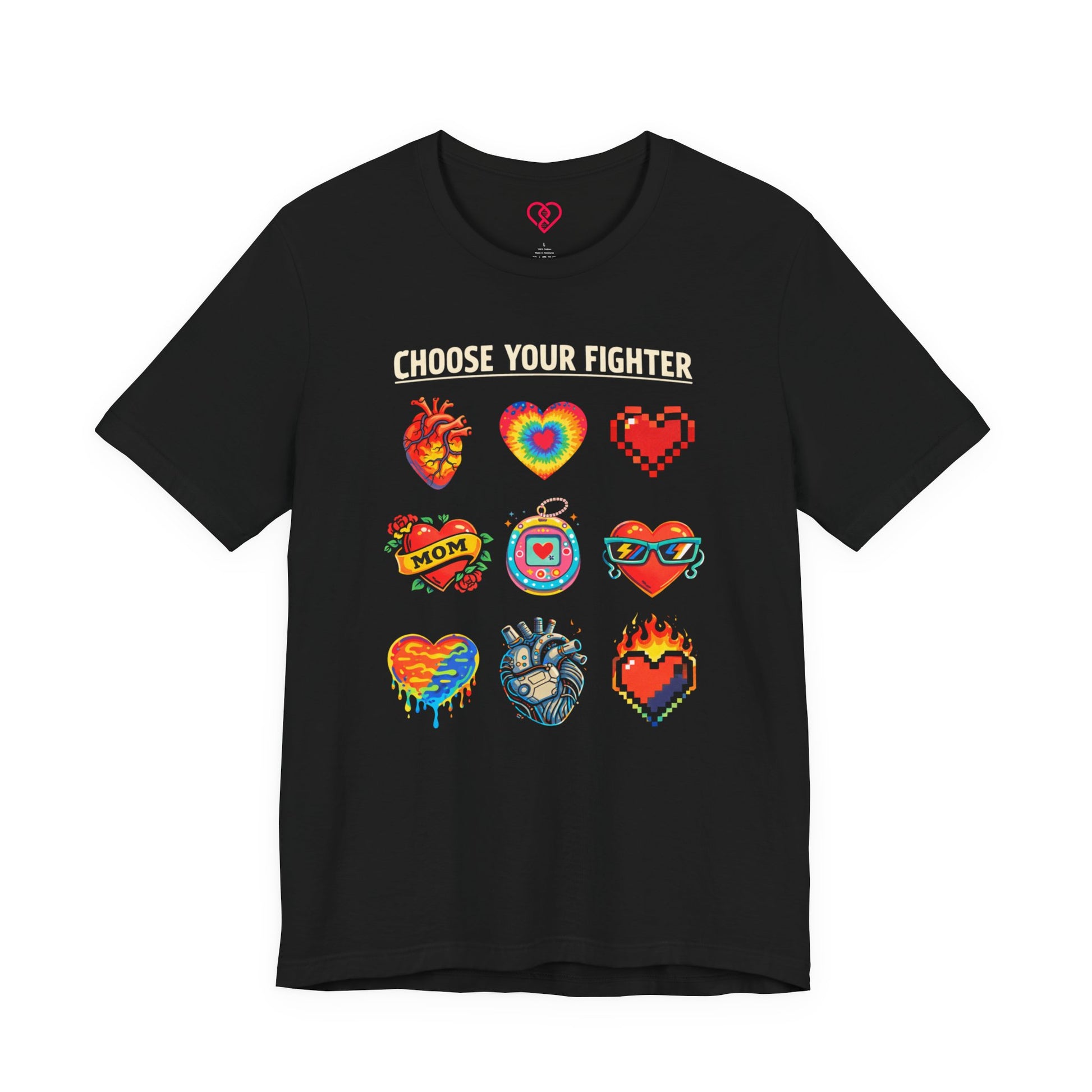 Choose Your Fighter Graphic Tee — Retro Pixel Heart Icons T-Shirt