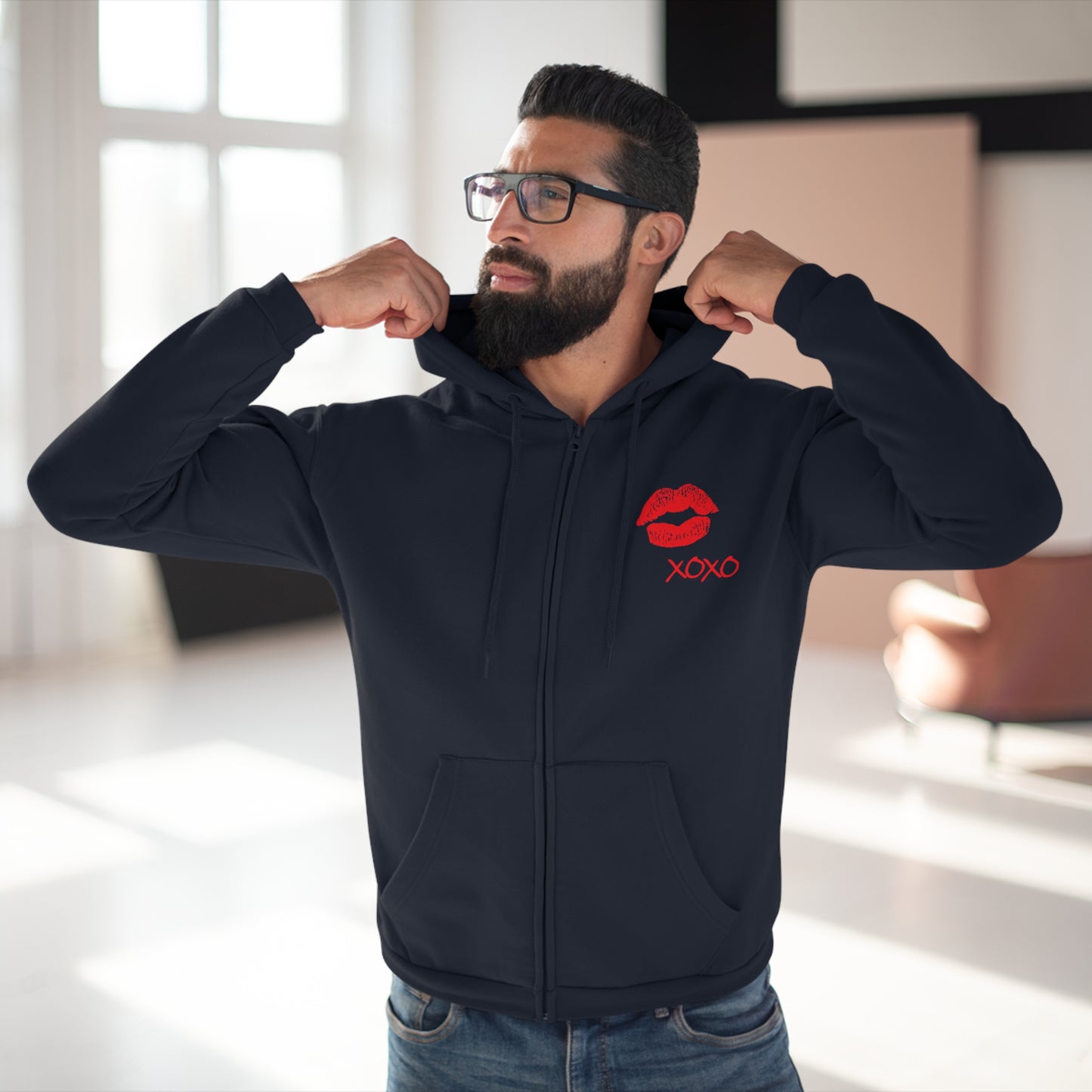 Lipstick Kiss Zip Hoodie — Red Lips XOXO Graphic Zip-Up Hoodie