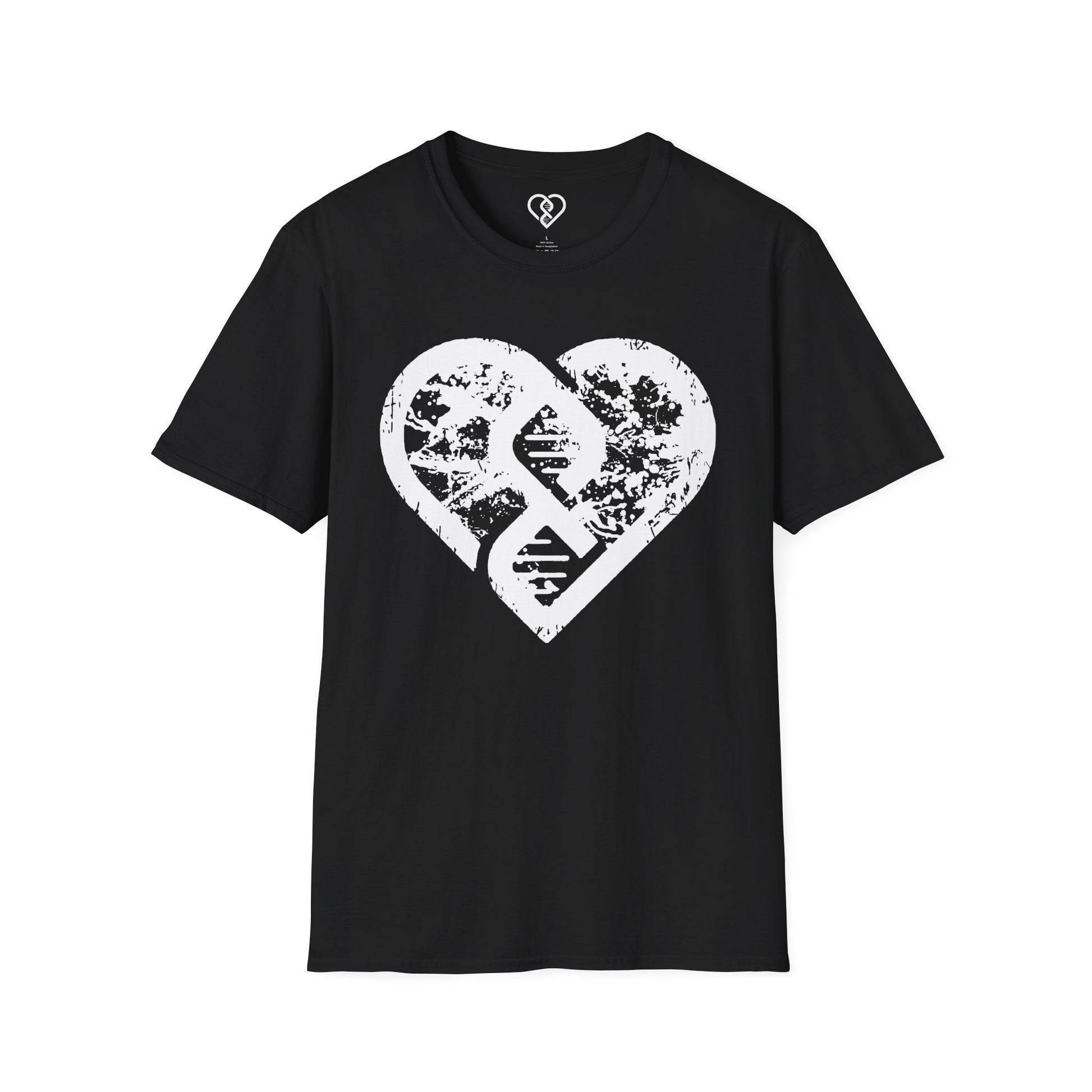 Grunge Branded DNA Heart T-Shirt — Distressed Genetic Love Tee for Scientists & Biology Fans