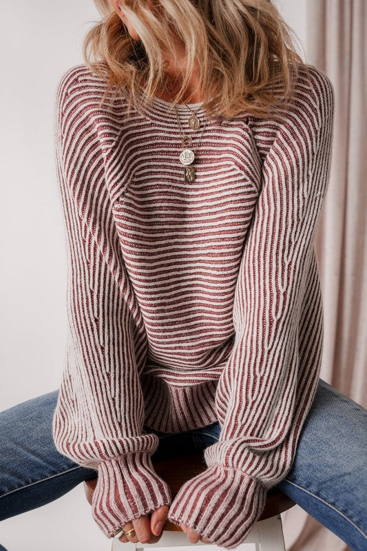 Stripe Ribbed Knit Boat Neck Sweater