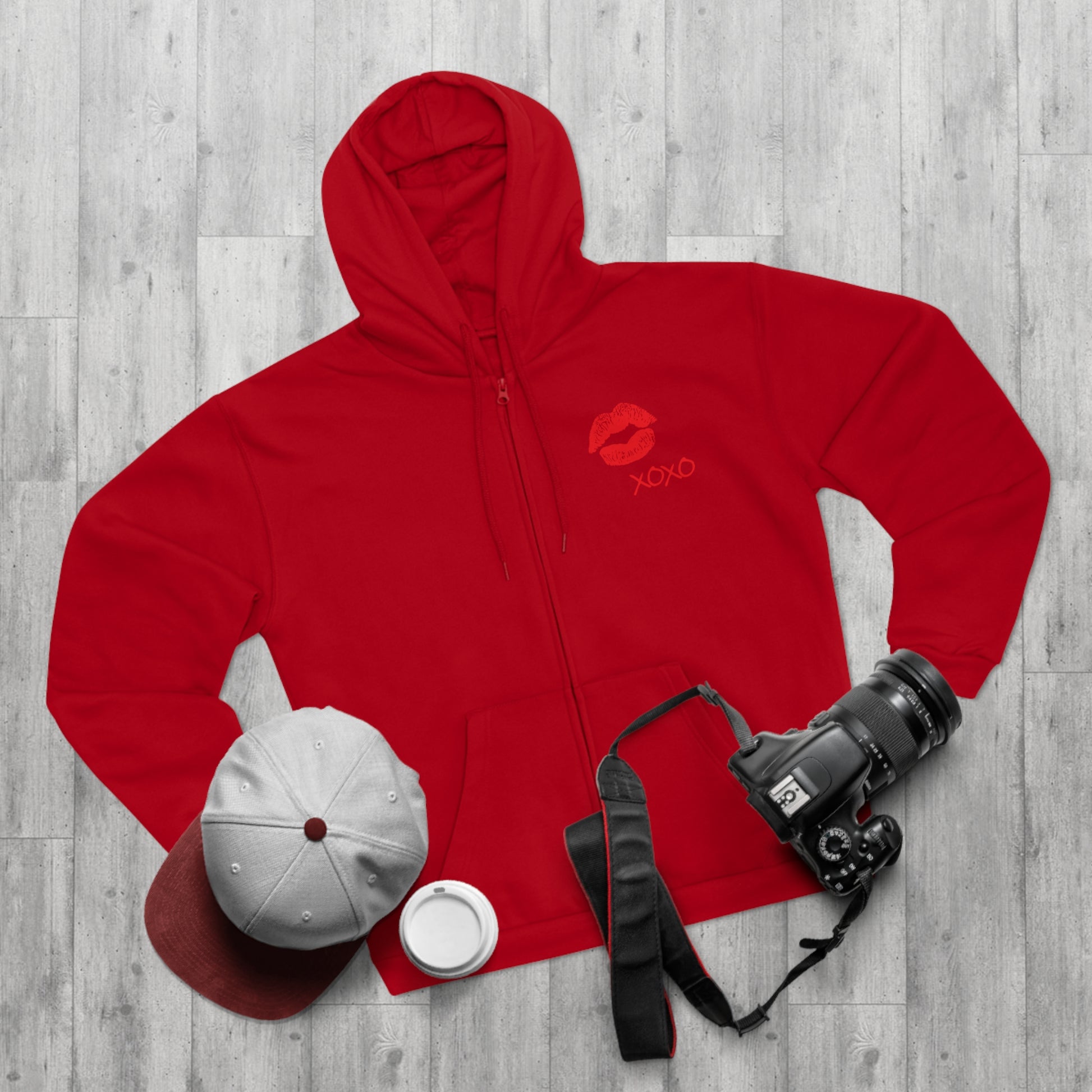 Lipstick Kiss Zip Hoodie — Red Lips XOXO Graphic Zip-Up Hoodie