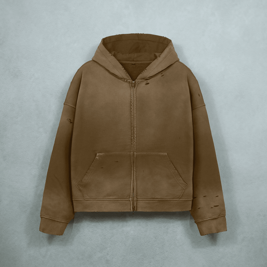 Heavyweight Distressed Dystopian Streetwear Zip-Up Hoodie Sweatshirt