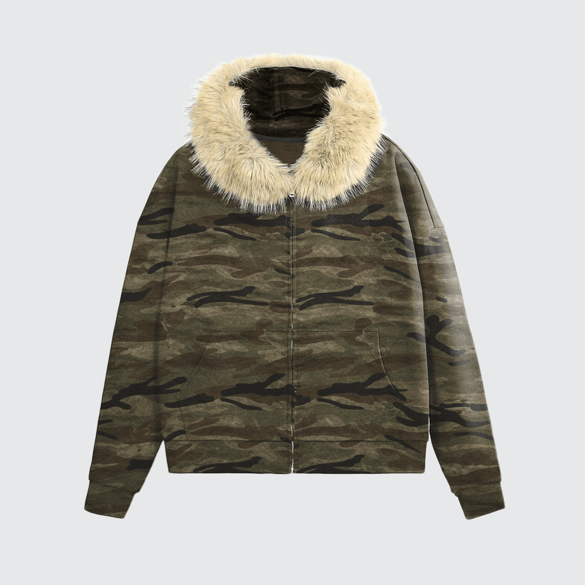 Heavyweight Camo Fur-Trim Zip-Up Hoodie