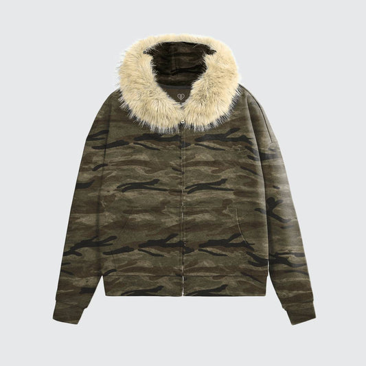 Heavyweight Camo Fur-Trim Zip-Up Hoodie