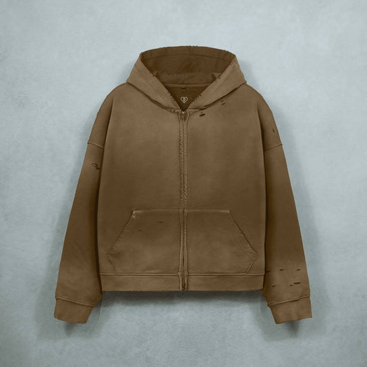 Oversized Heavyweight Distressed Dystopian Streetwear Zip-Up Hoodie Sweatshirt