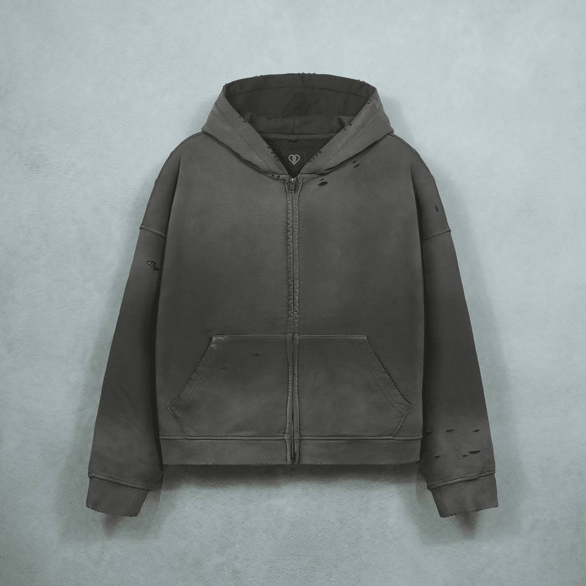 Oversized Heavyweight Distressed Dystopian Streetwear Zip-Up Hoodie Sweatshirt