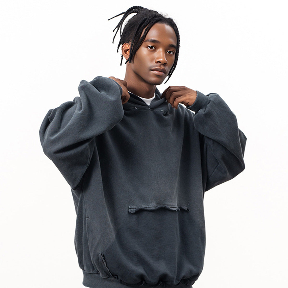 Oversized Heavyweight Distressed Hoodie W Reversed Pocket - Premium Streetwear Sweatshirt