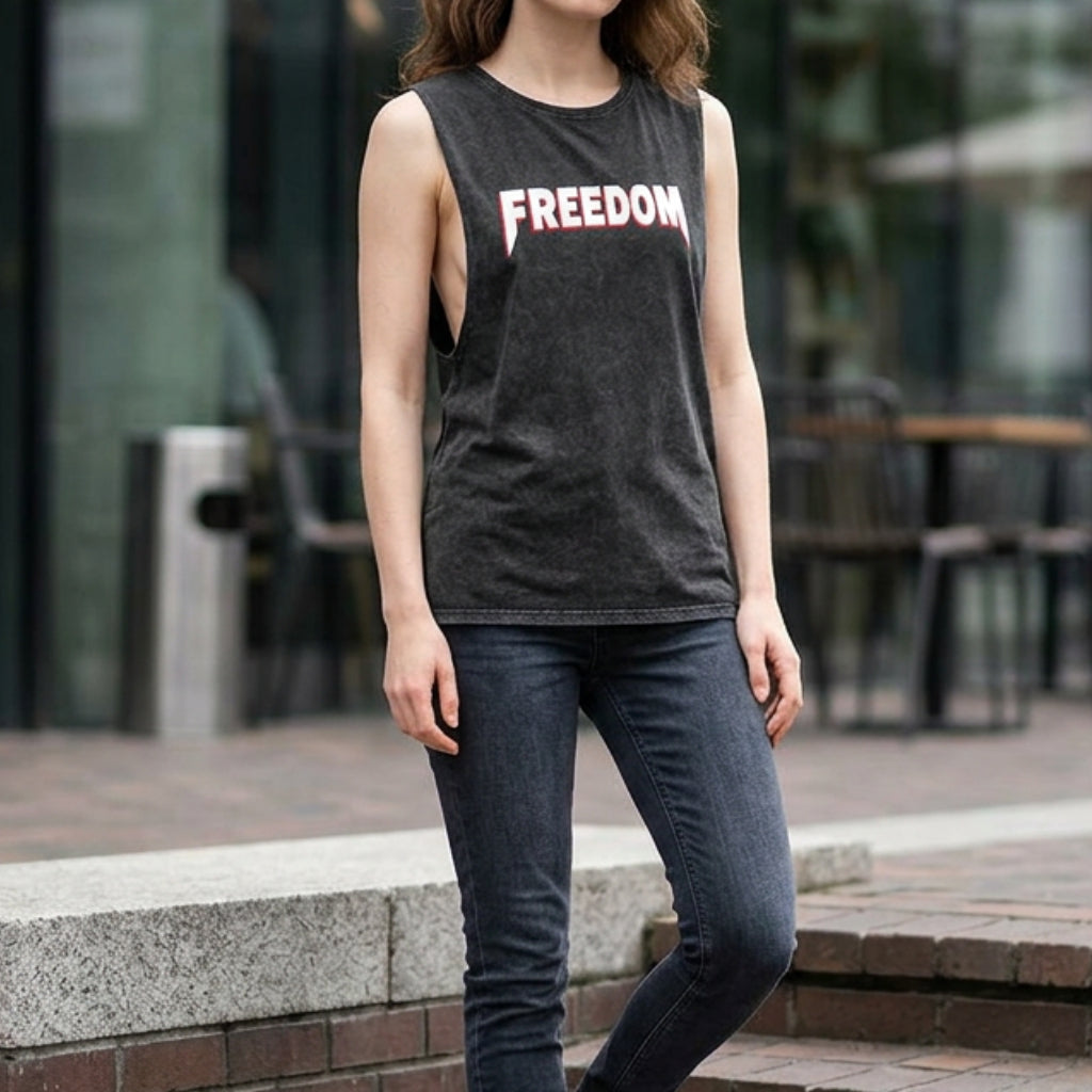 Freedom Fangs Stonewash Tank Top — Vintage Rock Style Graphic Muscle Tee