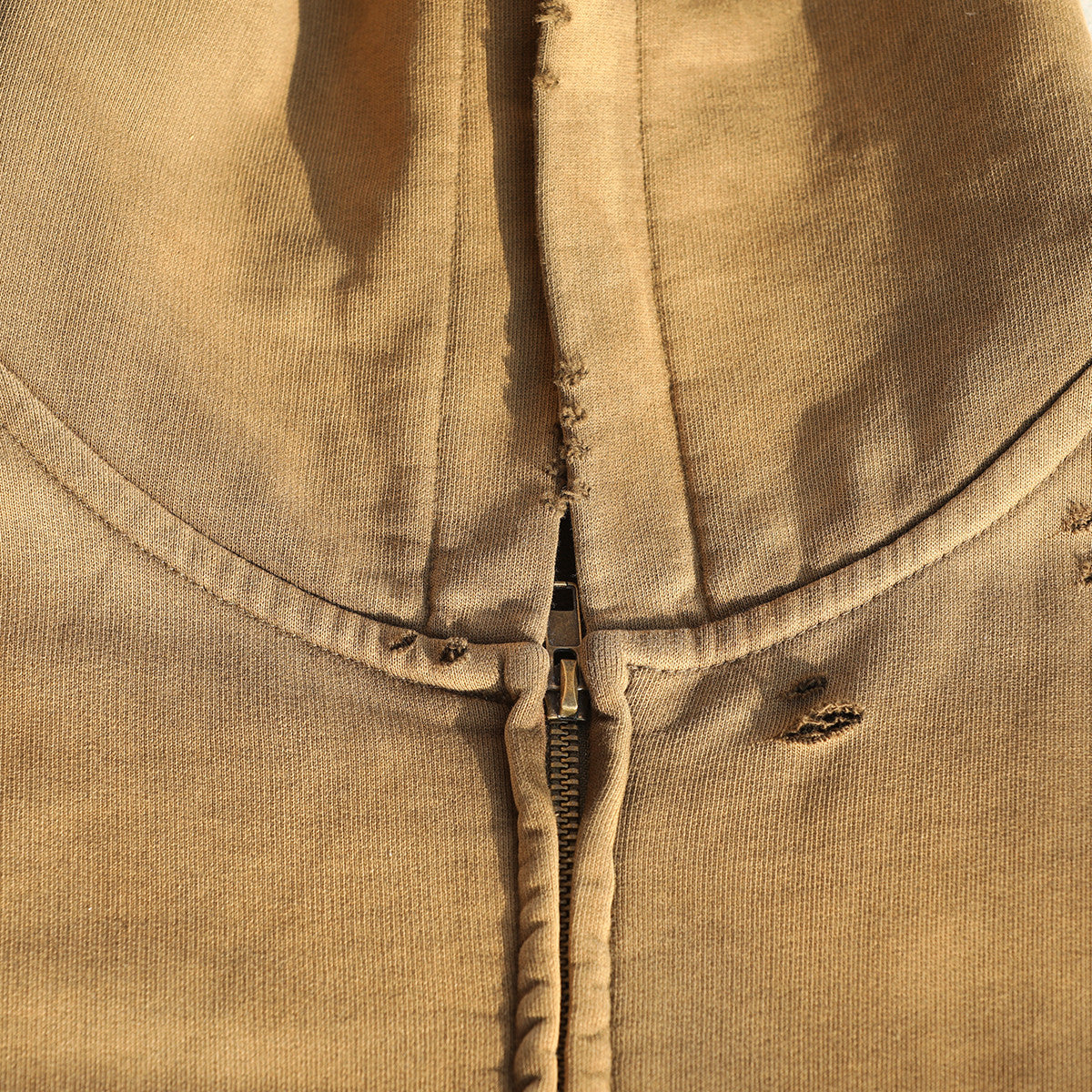 Heavyweight Distressed Dystopian Streetwear Zip-Up Hoodie