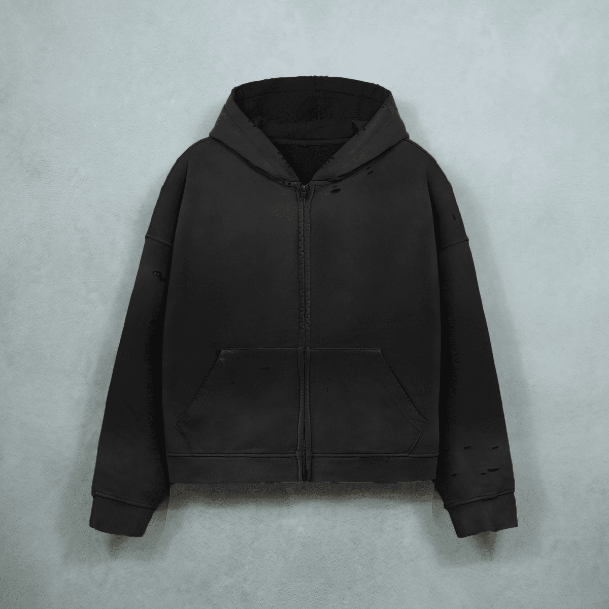 Heavyweight Distressed Dystopian Streetwear Zip-Up Hoodie