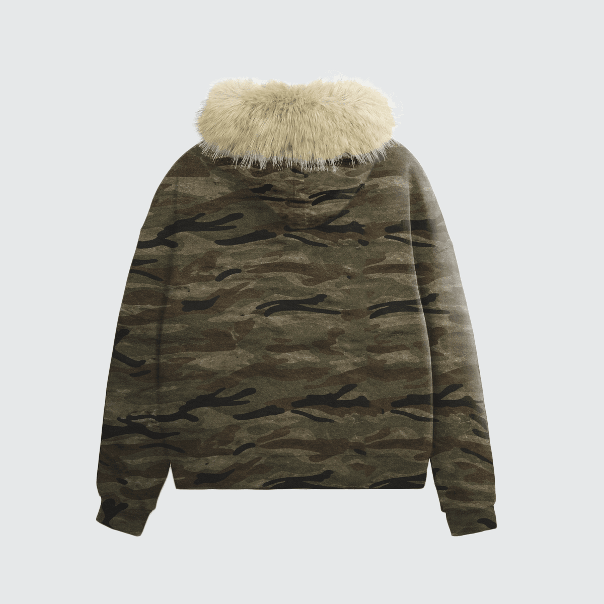 Heavyweight Camo Fur-Trim Zip-Up Hoodie