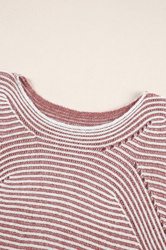 Stripe Ribbed Knit Boat Neck Sweater