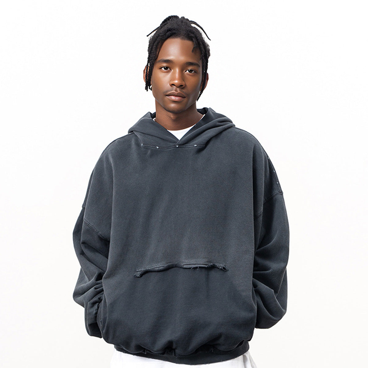 Oversized Heavyweight Distressed Hoodie W Reversed Pocket - Premium Streetwear Sweatshirt