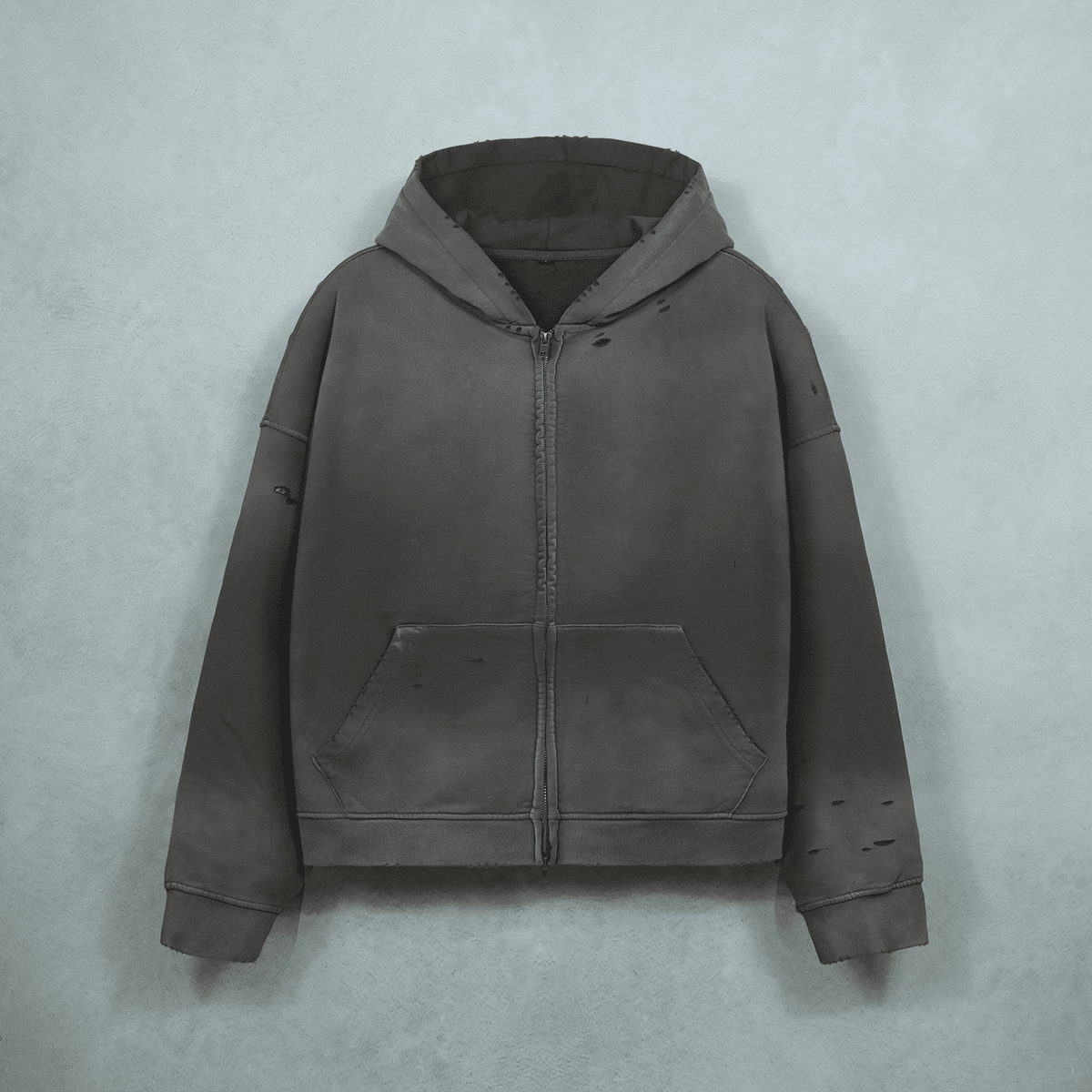 Heavyweight Distressed Dystopian Streetwear Zip-Up Hoodie