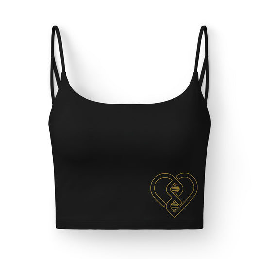 Luxe Heart DNA Crop Top — Women's Black Bralette with Gold Heart DNA Design