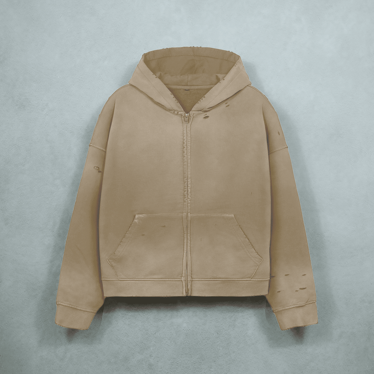 Heavyweight Distressed Dystopian Streetwear Zip-Up Hoodie