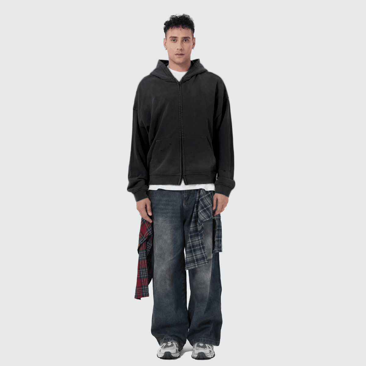 Heavyweight Distressed Dystopian Streetwear Zip-Up Hoodie
