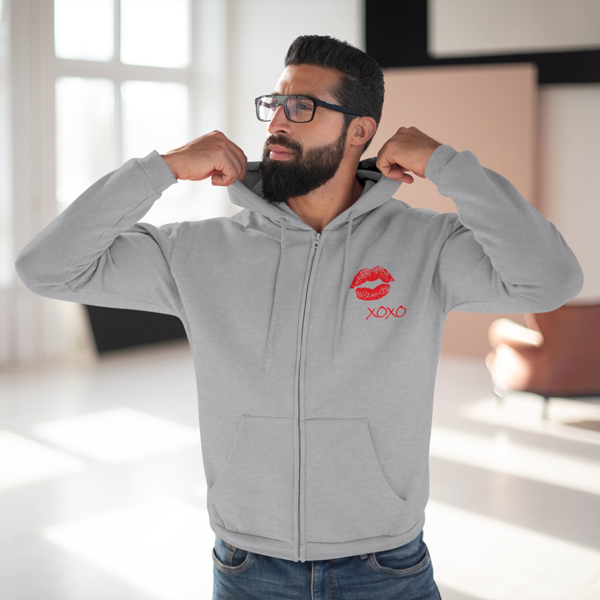 Lipstick Kiss Zip Hoodie — Red Lips XOXO Graphic Zip-Up Hoodie