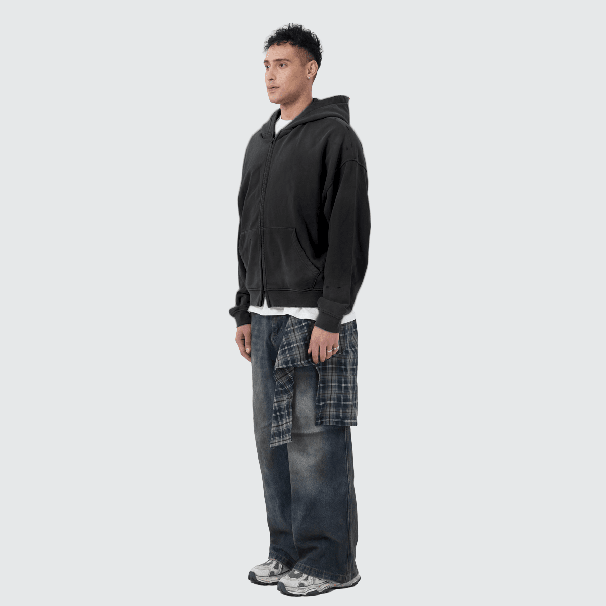 Heavyweight Distressed Dystopian Streetwear Zip-Up Hoodie