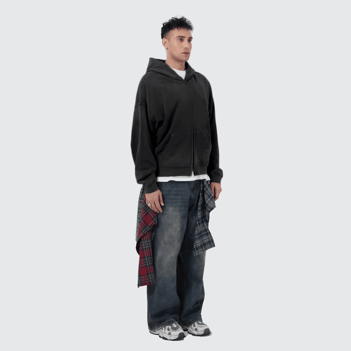Heavyweight Distressed Dystopian Streetwear Zip-Up Hoodie