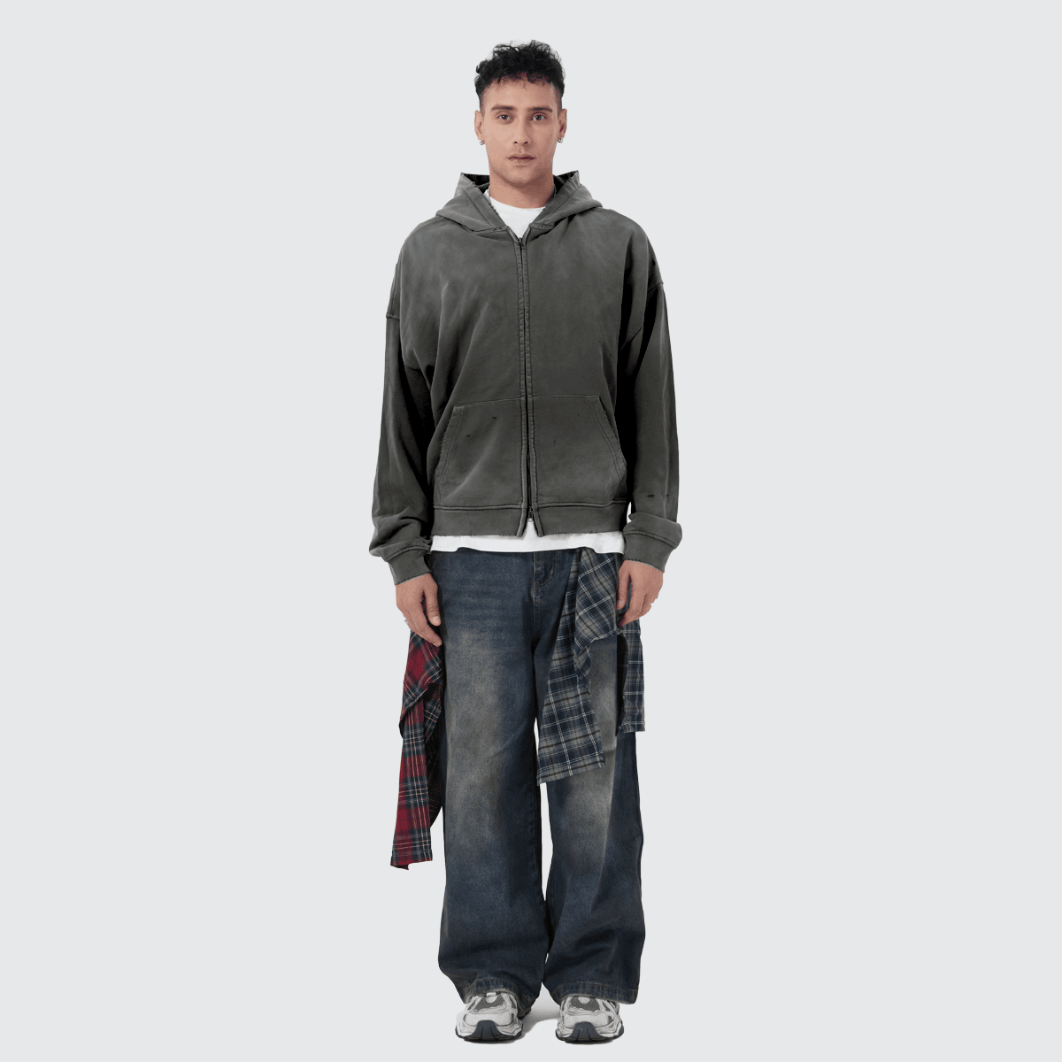 Heavyweight Distressed Dystopian Streetwear Zip-Up Hoodie