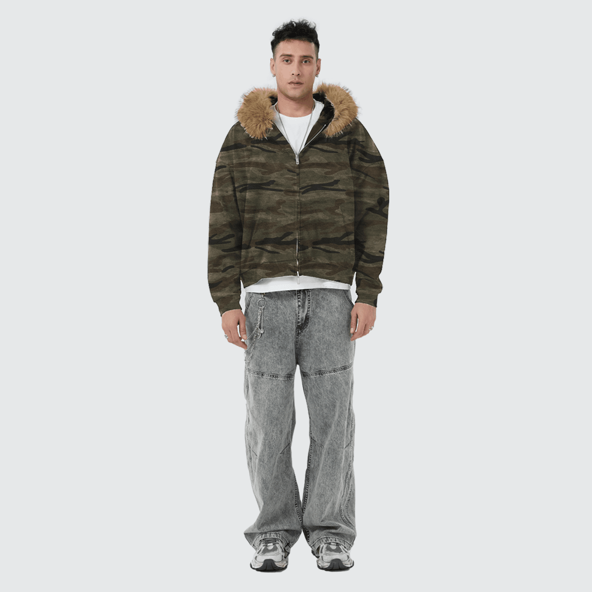 Heavyweight Camo Fur-Trim Zip-Up Hoodie