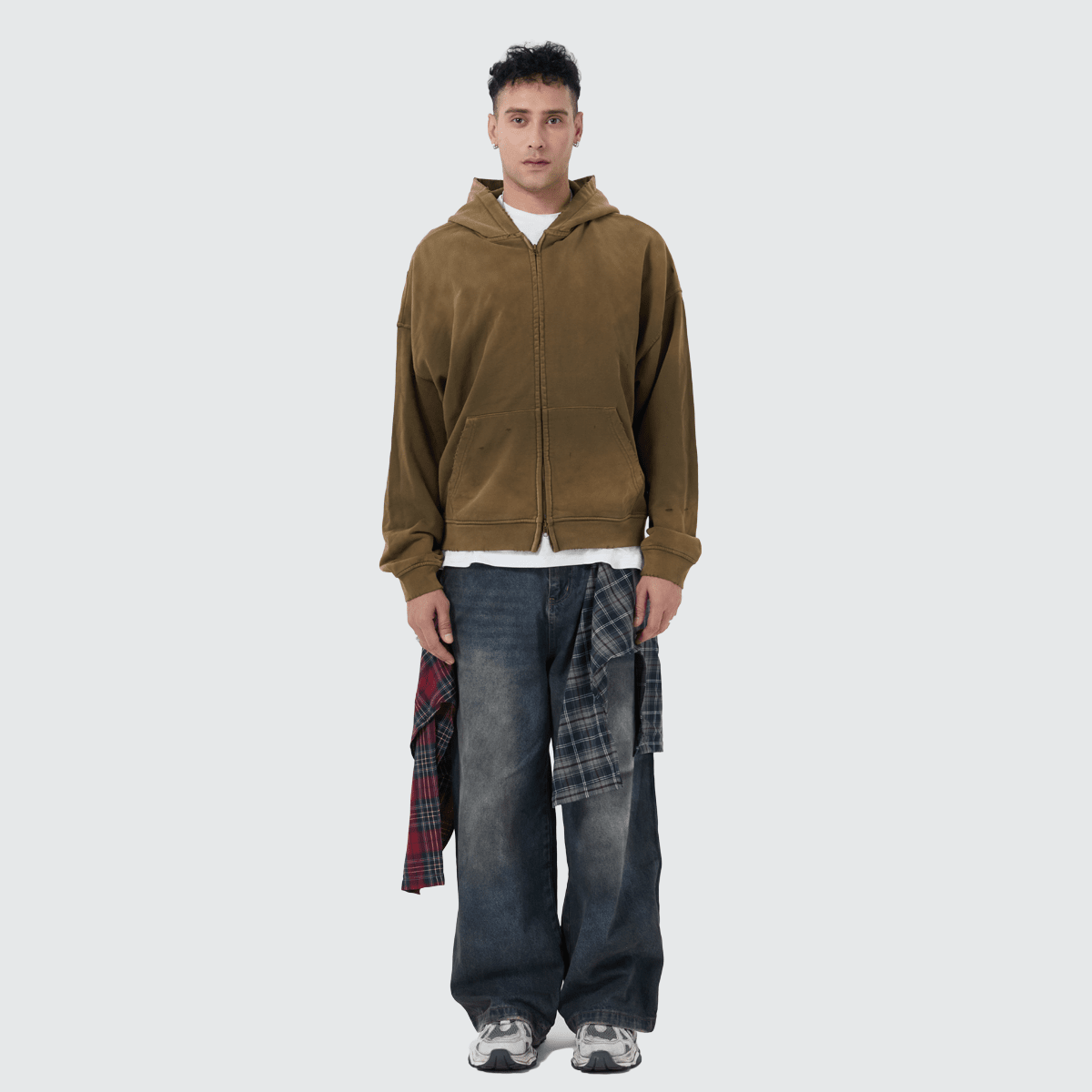 Heavyweight Distressed Dystopian Streetwear Zip-Up Hoodie