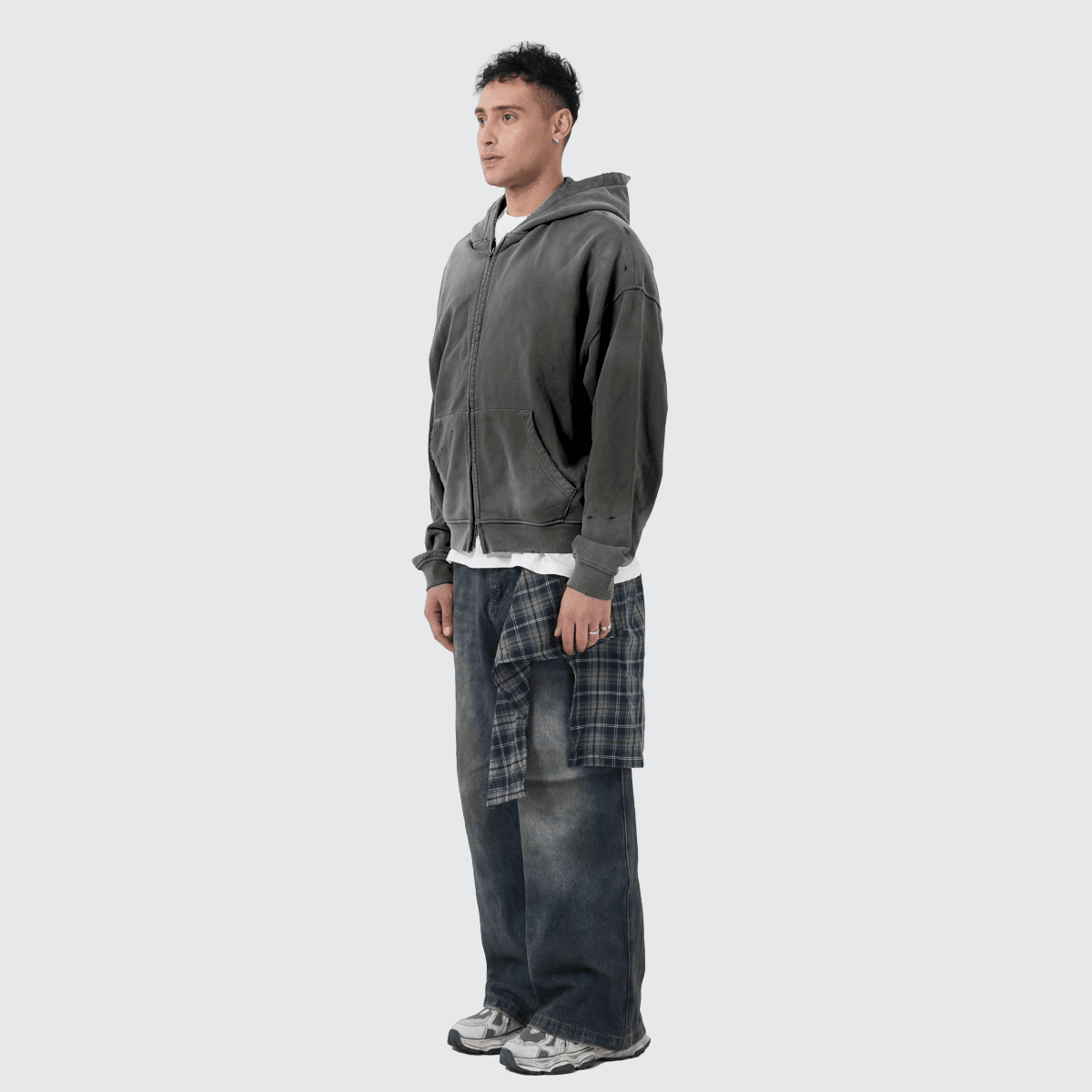 Heavyweight Distressed Dystopian Streetwear Zip-Up Hoodie