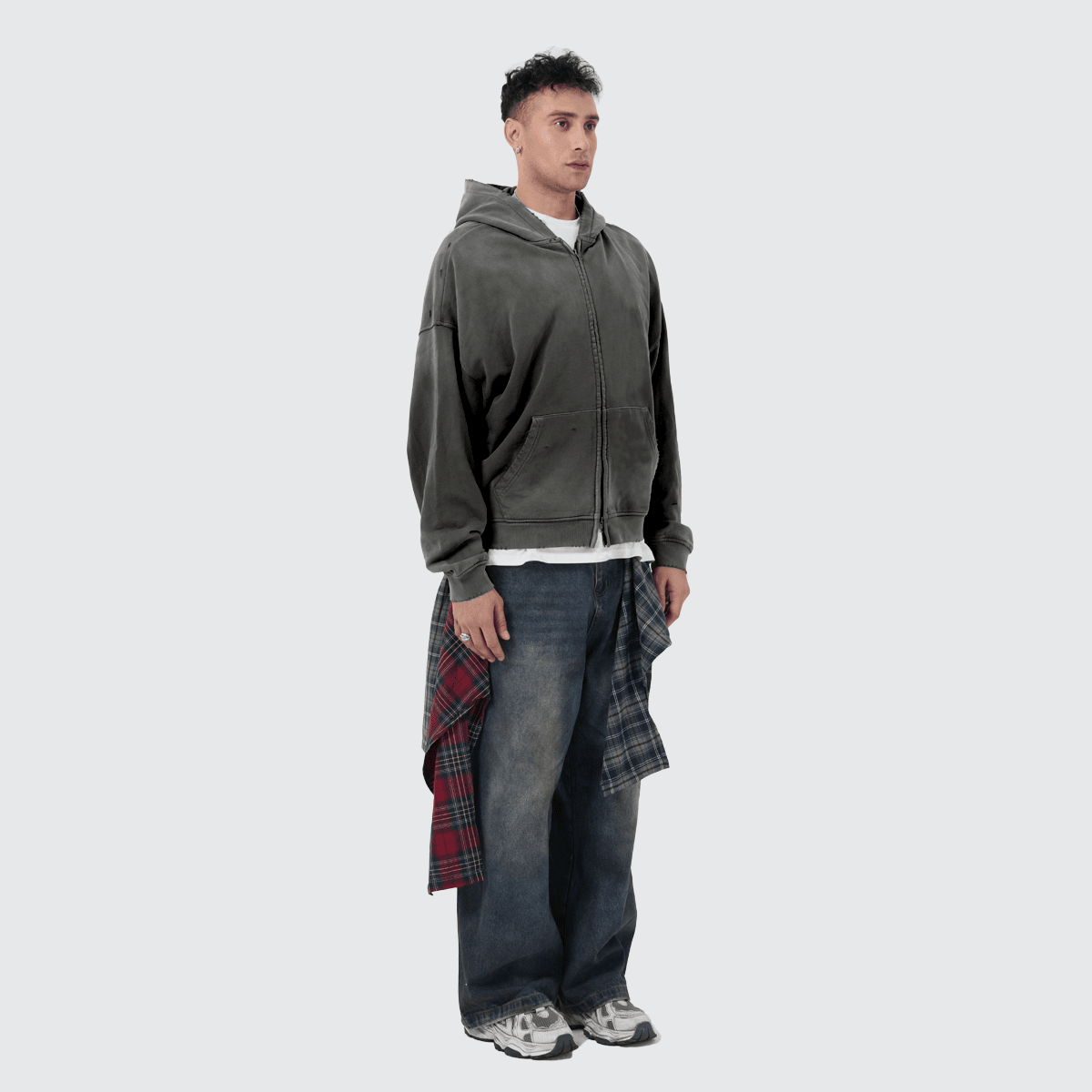 Heavyweight Distressed Dystopian Streetwear Zip-Up Hoodie