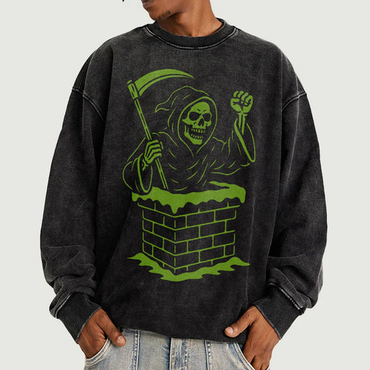 Super Heavyweight Oversized Faded Sweatshirt - Grim Santa - Halloween Christmas