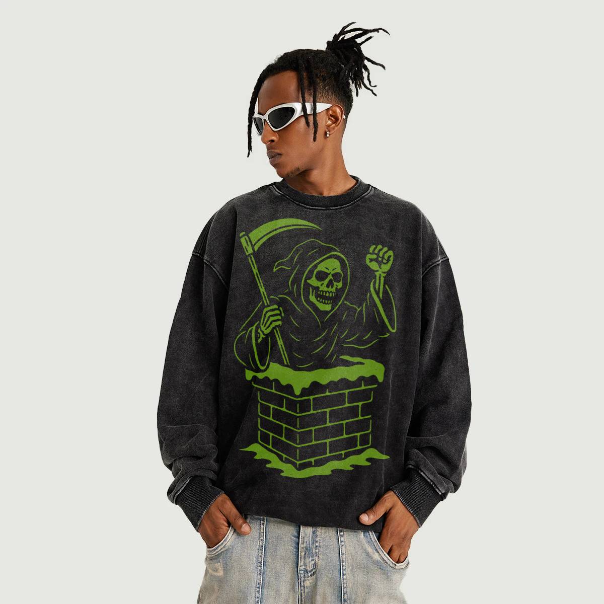 Super Heavyweight Oversized Faded Sweatshirt - Grim Santa - Halloween Christmas