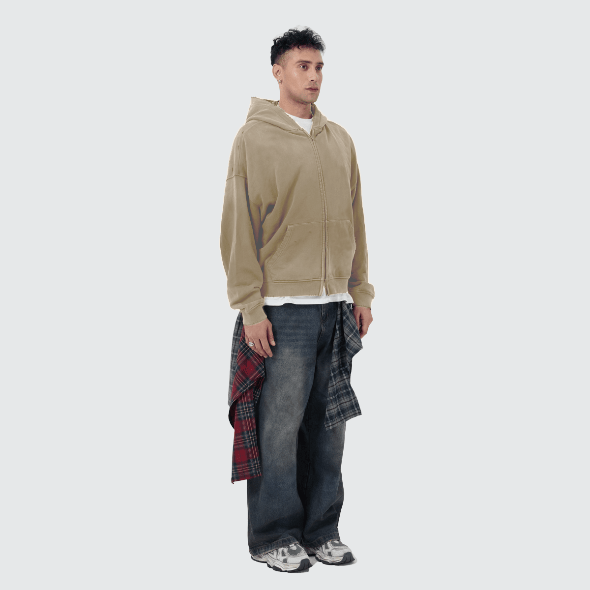 Heavyweight Distressed Dystopian Streetwear Zip-Up Hoodie